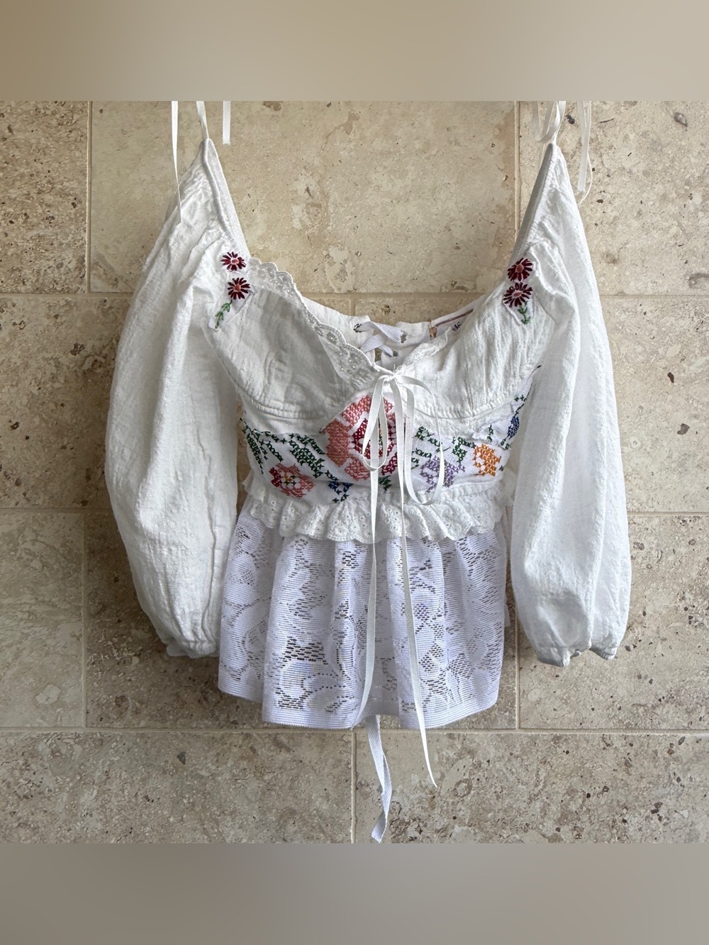 One of A Kind Upcycled White Embroidered Peasant Top with Lace Panels